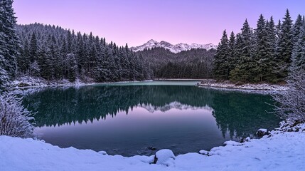 Mesmerizing Aurora Borealis Over a Frozen Lake with Shimmering Green-Purple Lights Reflecting on Snow-Covered Trees, Stock Photography with Ample Copy Space for Text