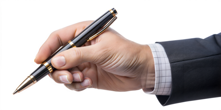 hand of businessman with pen writing on white background