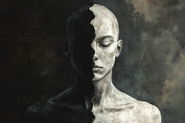 Obraz premium Conceptual portrait of a figure with one side in shadow and the other illuminated, representing duality and internal struggle. High-resolution, detailed textures, crisp focus