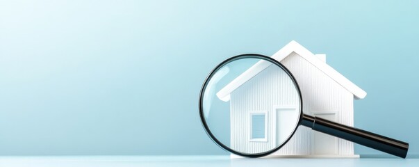 A magnifying glass focuses on a white house model, symbolizing real estate investigation and home searching.