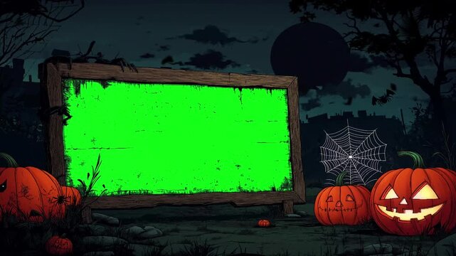 Spooky Halloween Scene with Jack-O'-Lanterns pumpkin and Wooden green screen, Halloween pumpkin decoration in the night, video frame green screen, animation background