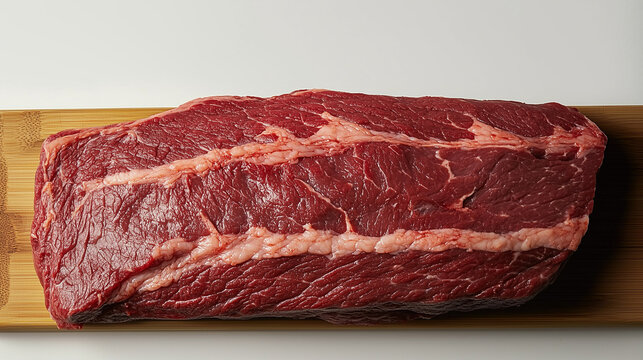 Rumsteck de b&oelig;uf sur une planche &agrave; d&eacute;couper, avec liser&eacute; de gras pour son persillage, morceau de boucher de qualit&eacute; isol&eacute; sur fond blanc, vue du dessus