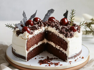 Un gâteau élaboré avec génoise au chocolat et crème chantilly allemand : pâtisserie forêt noire (schwarzwälder ou kirschtorte) pour Noël ou un anniversaire sur fond blanc, avec cerises confites