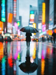 Fototapeta premium A solitary figure stands under an umbrella in a vibrant, rainy cityscape, reflecting colorful lights on wet pavement.