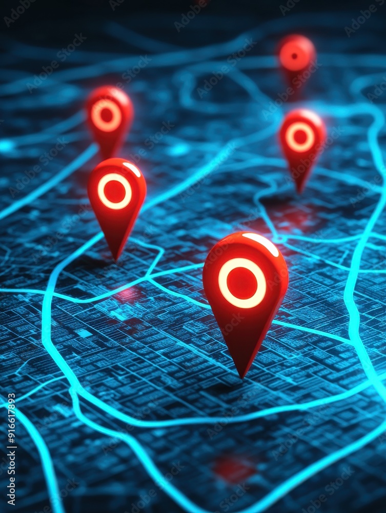 Poster a vibrant digital map featuring glowing red location markers highlighting specific points on a futur