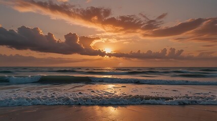 Fototapeta premium Soft Peach Fuzz Sky Over Serene Beach at Sunset with Gentle Waves. Generative Ai.