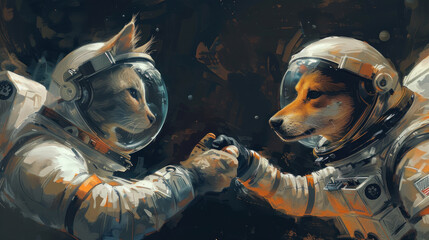 dog and cat working together. wearing a space suit