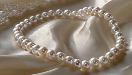 String of pearls resting on white satin fabric