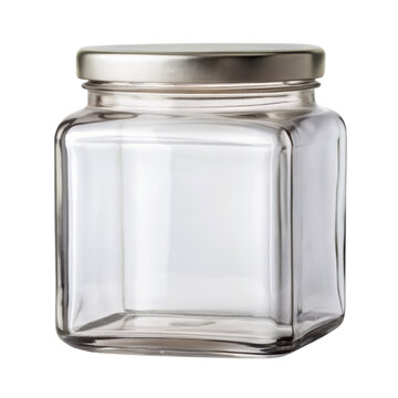 A square glass jar with a metal lid, featuring a clear transparent surface. Ideal for storing food items, spices, or small household essentials. Isolated on transparent background, png.