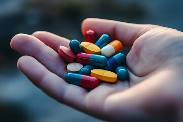 Overcoming Illness. A hand holding a group of pills symbolizing health and recovery concept
