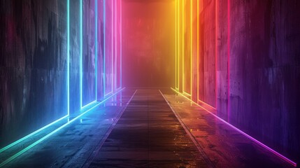 Bright lines on the floor and walls, colorful background. It's dark with beams of light shining from both sides of the wall forming a bright line that runs the length of the frame