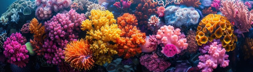 A colorful coral reef with many different types of coral and sea creatures