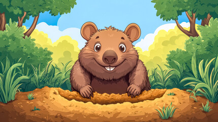 Happy wombat smiling and peeking out of its burrow