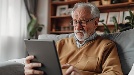 Obraz premium An old man sits on the couch in his living room using a tablet computer