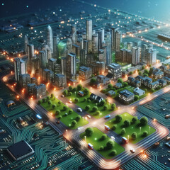 Smart city on circuit board background