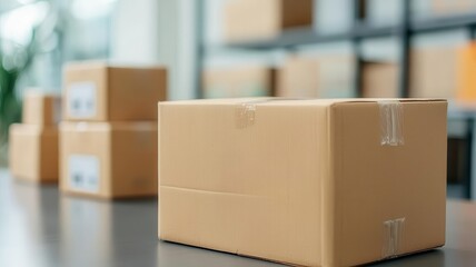 Brown cardboard box on a wooden table with more boxes in the background, ideal for shipping and logistics imagery.