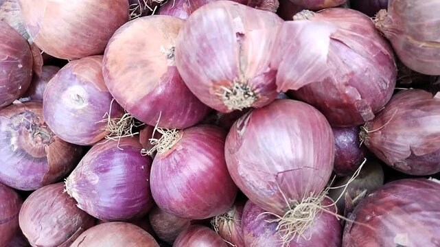 Onions, onion vegetable heap onionbulbs on a stall in farmers market shallot closeup video clip footages 