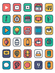 A collection of icons for various apps and devices, including a clock