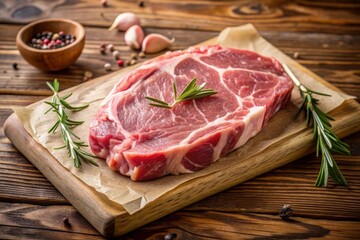 Fototapeta premium Raw pork steak with herbs around showcasing marbling texture