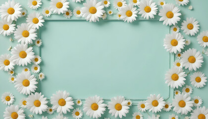 Fototapeta premium Elegant Daisy Flower Frame on Soft Mint Background Perfect for Feminine Products, Gifts, and Birthday Celebrations Modern Floral Design for Inviting Presentation