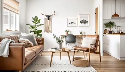Scandinavian living room with white walls and a warm wood accent wall