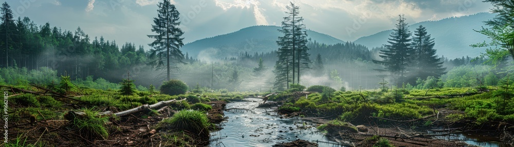 Poster a forest with a stream running through it