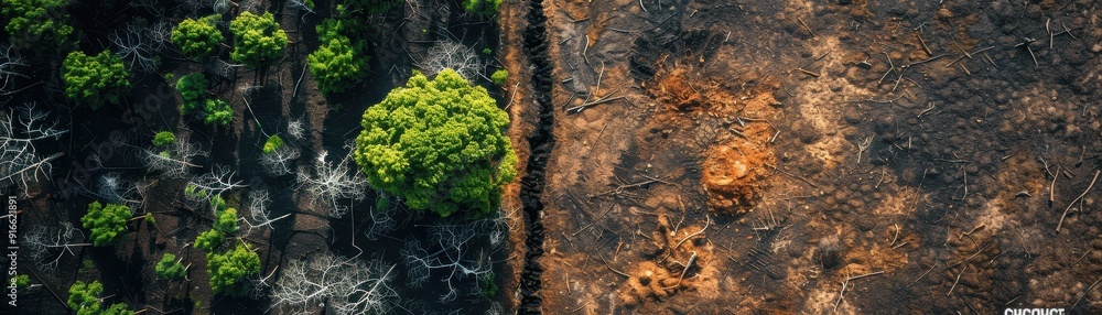 Poster a photo of a forest with a tree in the middle and a barren field on the right