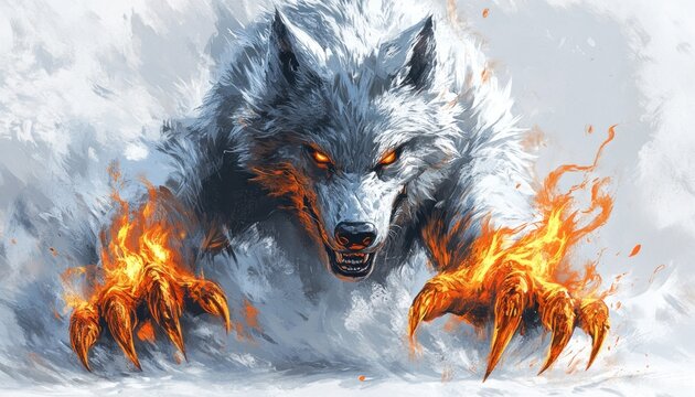 White wolf showing claws surrounded by fire and snow in fantasy setting