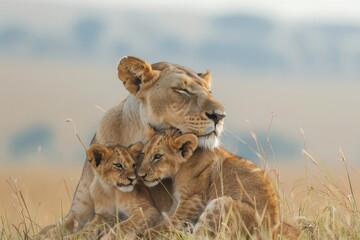 Fototapeta na wymiar A mother lion is holding her two cubs in her mouth