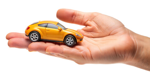 hand of man with toy car on white background
