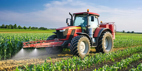 Tractor spraying pesticides on a corn field in summer, agricultural works at the beginning of the growing season