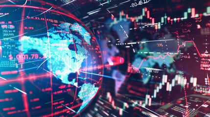 Obraz premium A digital globe surrounded by various currency symbols (dollar, euro, yen, pound) with data streams connecting different continents.