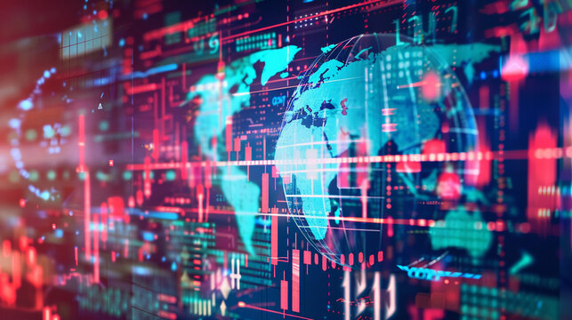 A digital globe surrounded by various currency symbols (dollar, euro, yen, pound) with data streams connecting different continents.