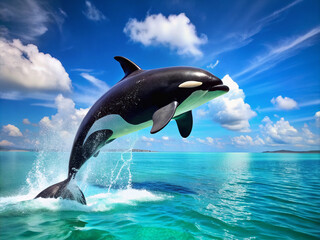 Fototapeta premium A majestic orca whale breaks through the ocean's surface, its sleek black body glistening in the sunlight, with a vast expanse of turquoise water behind.