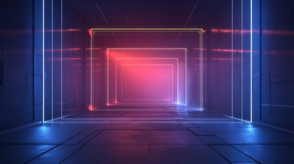 Neon blue and purple background with an empty rectangle in the center, surrounded by glowing lines on all sides. The floor is dark geometric which gives the entrance depth
