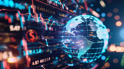 A digital globe surrounded by various currency symbols (dollar, euro, yen, pound) with data streams connecting different continents.