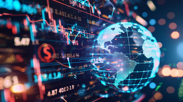 A digital globe surrounded by various currency symbols (dollar, euro, yen, pound) with data streams connecting different continents. - Powered by Adobe