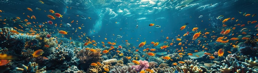 A large school of fish swims in the ocean