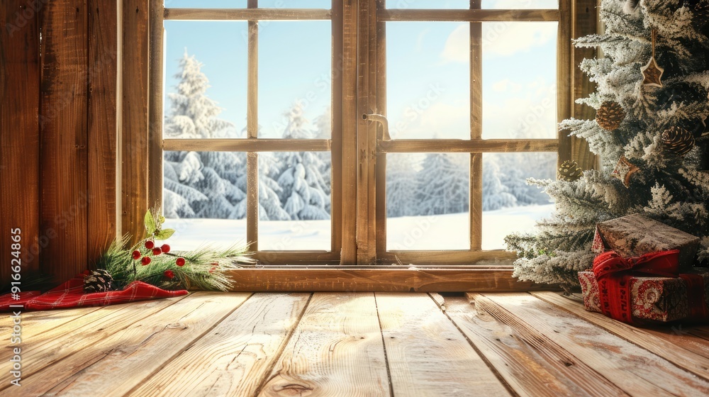 Poster blank wooden board for decoration with winter window view. christmas season.