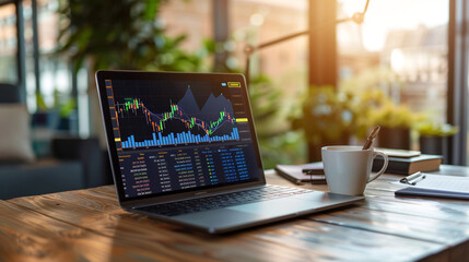 A sophisticated desk setup with a laptop displaying an investment portfolio dashboard, stock market graphs, and news feeds.