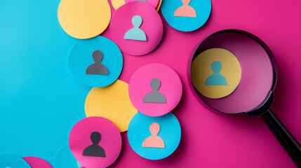 Magnifying glass hovers over colorful icons of people, symbolizing talent hunt and recruitment process in human resources. The image emphasizes the search for right candidates in a diverse workforce.