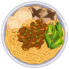 Mie Ayam Bowl Top View with Wonton, Bakso, Caisim & Chicken - Indonesian Noodles Vector Art 