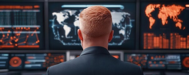 Diverse team of engineers analyzing logistics data on large screens in a futuristic control room, logistics strategy, data-driven optimization