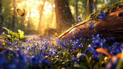 Butterflies and Bluebells in a Sunlit Forest.