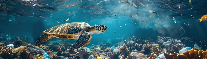 Fototapeta premium A turtle is swimming in the ocean with many fish around it