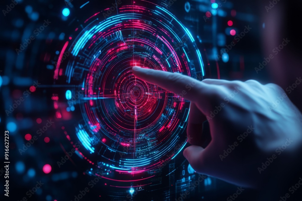 Aufkleber a hand interacts with a futuristic digital interface, showcasing vibrant blue and red circular patte