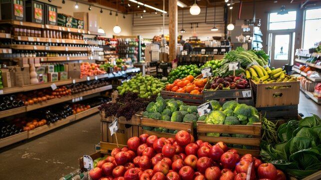 Picture a vibrant organic grocery store filled with fresh, locally sourced produce and eco-friendly products.