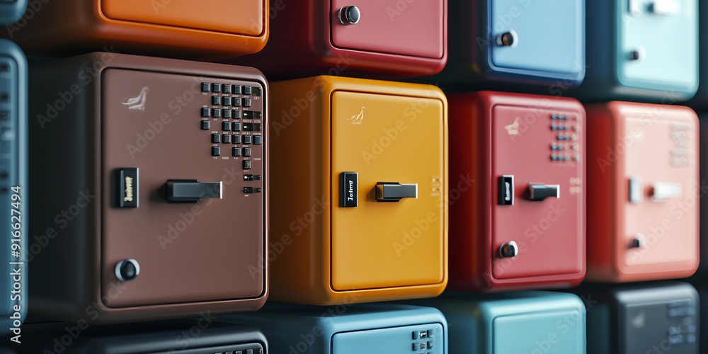 Aufkleber stacked mini safes in various colors, each with a unique keypad, representing personal and customiza