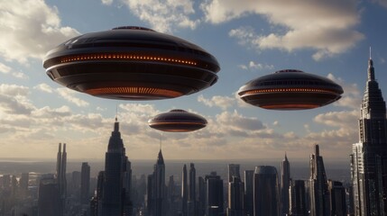 Naklejka premium An imaginative skyline featuring flying saucers above a bustling city, depicting an extraterrestrial scene in a futuristic setting.