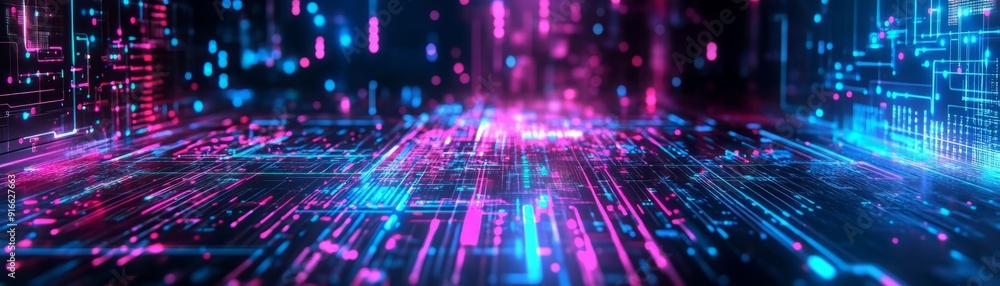 Aufkleber futuristic digital landscape with vibrant pink and blue lights creating a dynamic tech background id